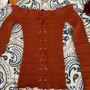 Long sleeve lace up detail off the shoulder top